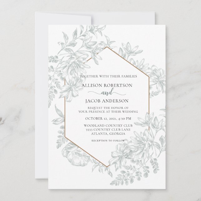 Sage Green Geometric Floral All In One Wedding Invitation (Front)