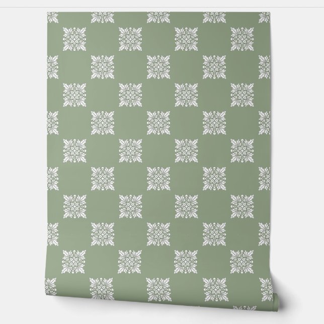 Sage Green Geometric Floral Peel and Stick Wallpaper (Unrolling)