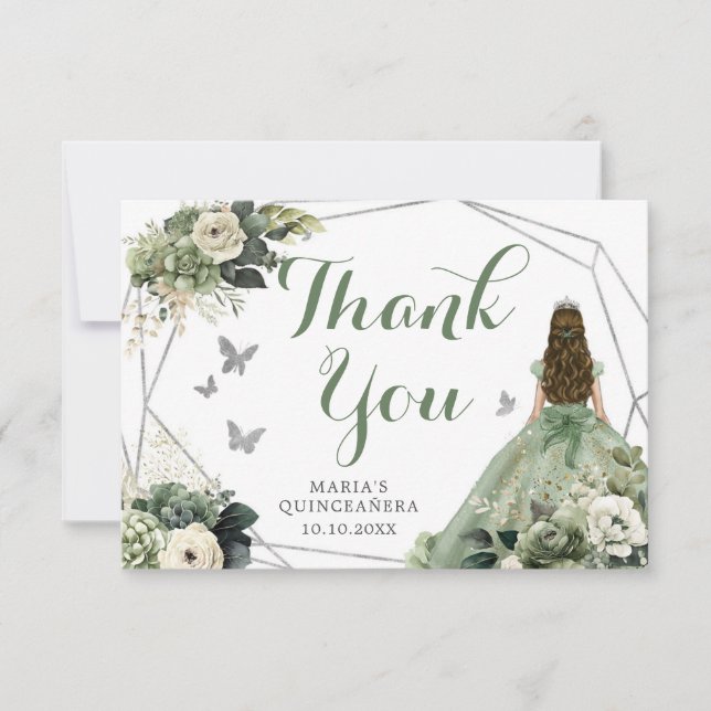Sage Green Geometric Floral Princess Quinceañera Thank You Card (Front)