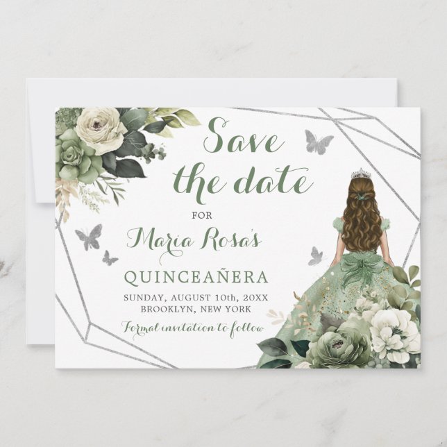 Sage Green Geometric Princess Quinceañera Floral Invitation (Front)