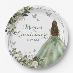 Sage Green Geometric Princess XV Años Floral Paper Plate