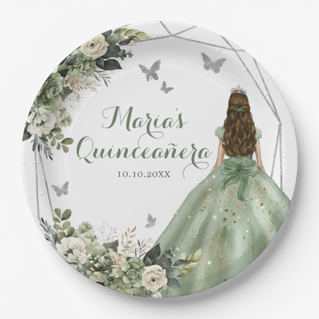 Sage Green Geometric Princess XV Años Floral Paper Plate (Front)