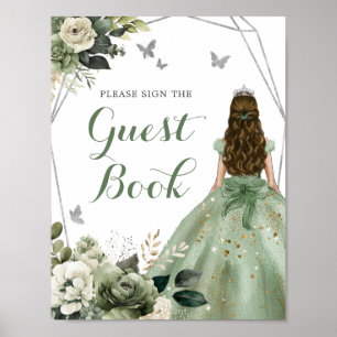 Sage Green Geometric Princess XV Años Guest Book
