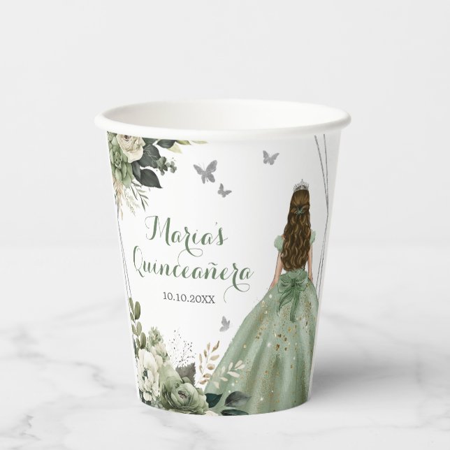 Sage Green Geometric Princess XV Quinceañera Paper Cups (Front)