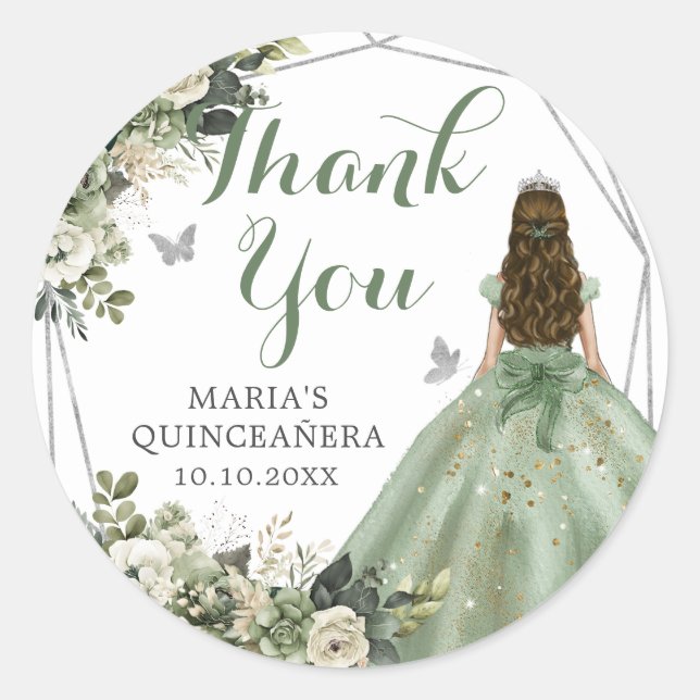 Sage Green Geometric Quinceañera Thank You Classic Round Sticker (Front)