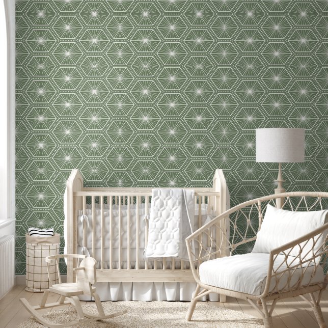 Sage Green Geometric Starburst Pattern Wallpaper (Kids)