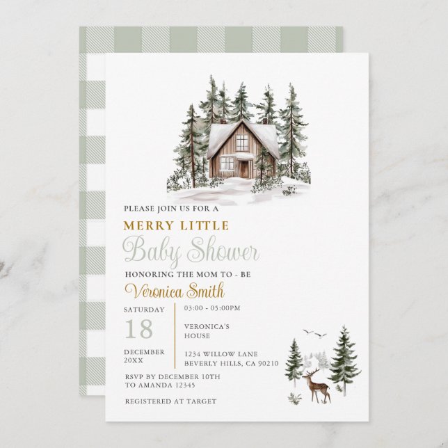 Sage Green Gingham A Merry Little Baby Shower  Invitation (Front/Back)