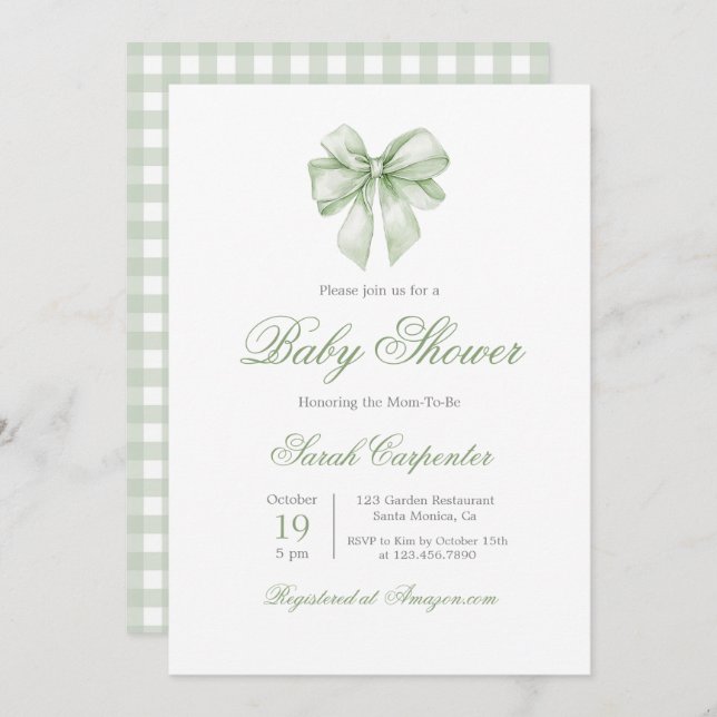 Sage Green Gingham and Bow Baby Shower Invitation (Front/Back)
