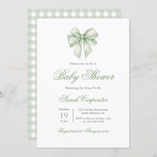 Sage Green Gingham and Bow Baby Shower Invitation
