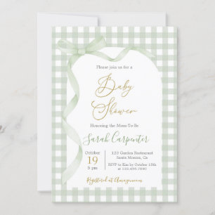Sage Green Gingham and Bow Baby Shower Invitation