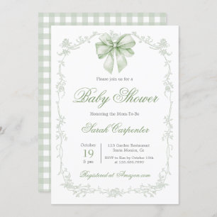 Sage Green Gingham and Bow Baby Shower Invitation