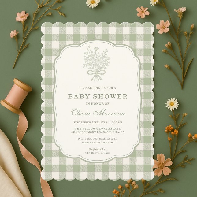 Sage Green Gingham Baby Shower Invitation (Creator Uploaded)