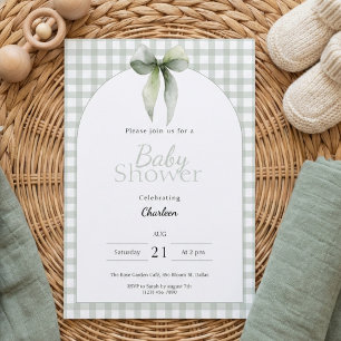 Sage Green Gingham Baby Shower Invitation