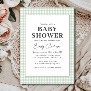 Sage Green Gingham Baby Shower  Invitation