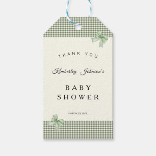 Sage Green Gingham Baby Shower Invitation & Bows Gift Tags