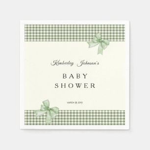 Sage Green Gingham Baby Shower Invitation & Bows Napkin