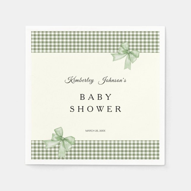 Sage Green Gingham Baby Shower Invitation & Bows Napkin (Front)