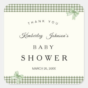 Sage Green Gingham Baby Shower Invitation & Bows Square Sticker