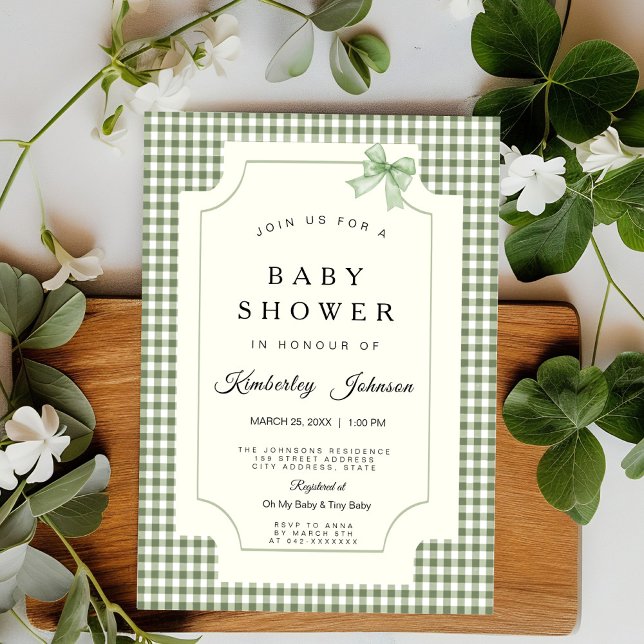 Sage Green Gingham Baby Shower Invitation with Bow (Creator Uploaded)