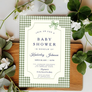 Sage Green Gingham Baby Shower Invitation with Bow