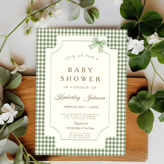 Sage Green Gingham Baby Shower Invitation with Bow