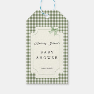 Sage Green Gingham Baby Shower Invitation with Bow Gift Tags