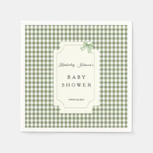 Sage Green Gingham Baby Shower Invitation with Bow Napkin