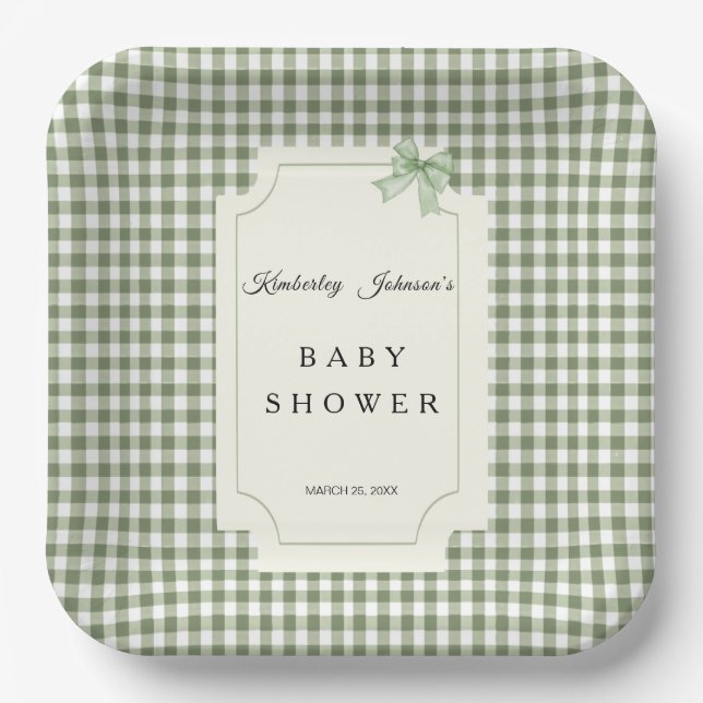 Sage Green Gingham Baby Shower Invitation with Bow Paper Plate (Front)