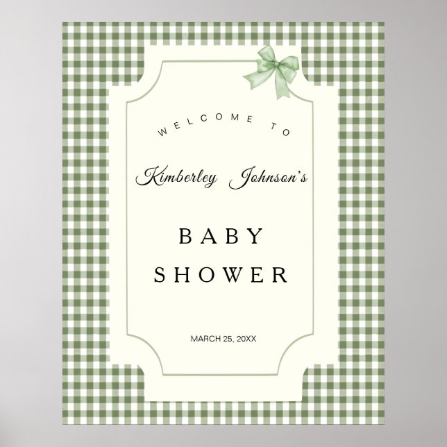 Sage Green Gingham Baby Shower Invitation with Bow Poster (Front)