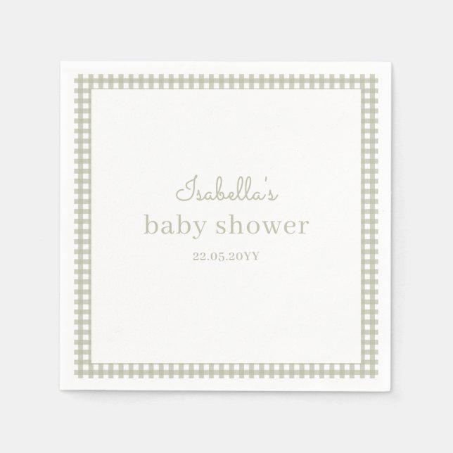 Sage Green Gingham Baby Shower Napkin (Front)