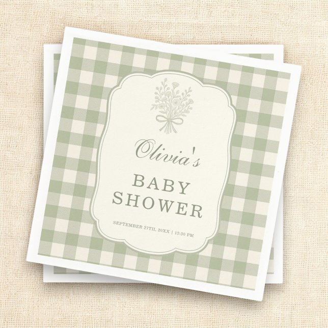Sage Green Gingham Baby Shower Party Napkin (Creator Uploaded)