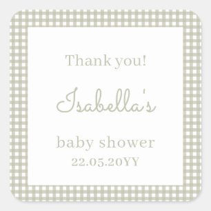 Sage Green Gingham Baby Shower Square Sticker