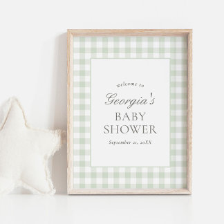 Sage Green Gingham Baby Shower Welcome Sign