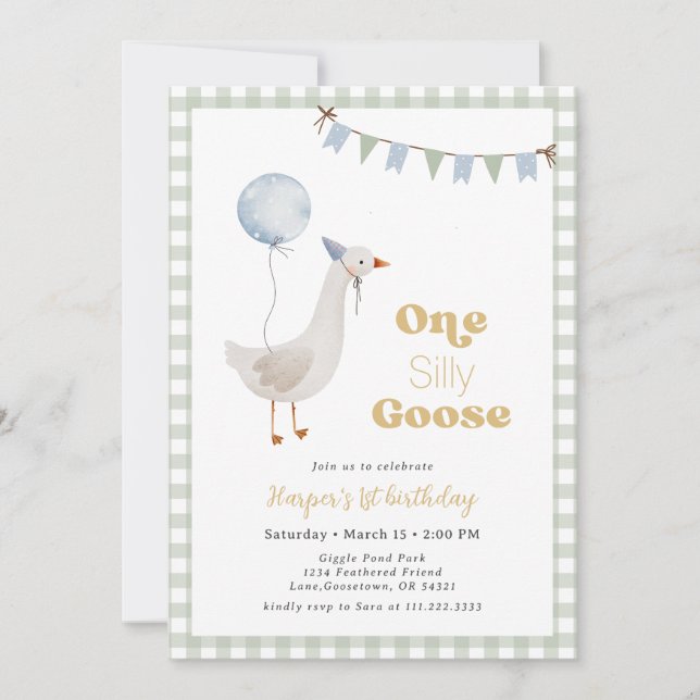 Sage Green Gingham Boy One Silly Goose Birthday Invitation (Front)