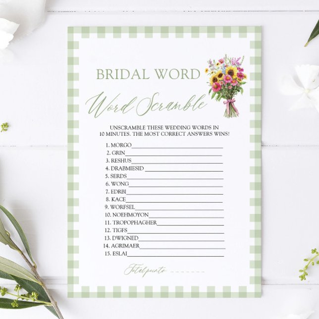 Sage Green Gingham Bridal Word Scramble Game Invitation (Sage Green Gingham Bridal Word Scramble Game)