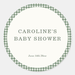Sage Green Gingham Bride Name Date Bridal Shower Classic Round Sticker
