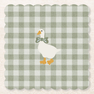 Sage Green Gingham Buffalo Check Baby Shower Linen Paper Coaster