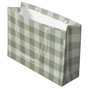 Sage Green Gingham Buffalo Check Linen Texture Large Gift Bag