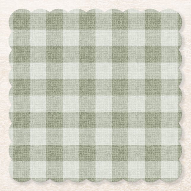 Sage Green Gingham Buffalo Check Linen Texture  Paper Coaster (Front)