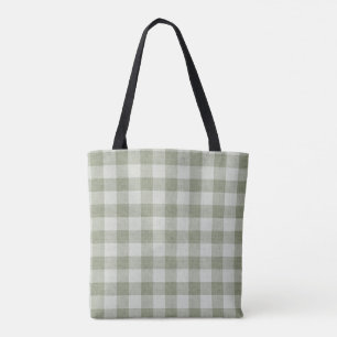 Sage Green Gingham Buffalo Check Linen Texture Tote Bag