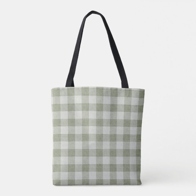 Sage Green Gingham Buffalo Check Linen Texture  Tote Bag (Back)