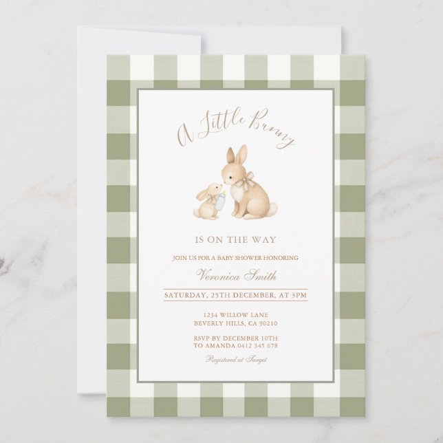 Sage Green Gingham Bunny Baby Shower Invitation (Front)