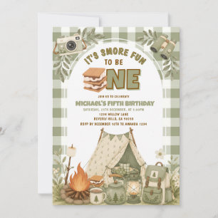 Sage Green Gingham Camp Party 1st Birthday Invitation