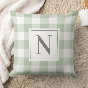 Sage Green Gingham Check Monogram Initial Cushion