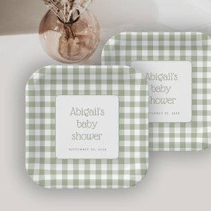 Sage Green Gingham Check Rustic Baby Shower Paper Plate