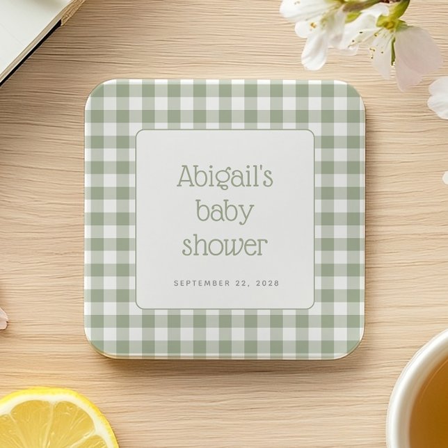 Sage Green Gingham Check Rustic Baby Shower Square Paper Coaster (Creator Uploaded)