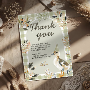 Sage Green Gingham Cute Duckling Watercolor Party  Thank You Card