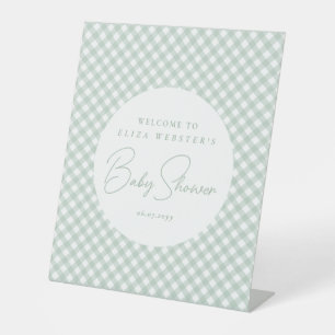 Sage green gingham cute simple neutral baby shower pedestal sign