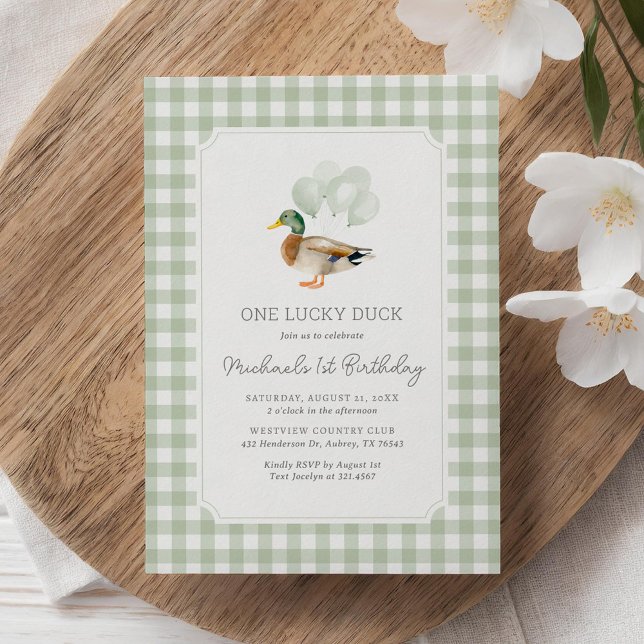 Sage Green Gingham Duck 1st Birthday Invitation (Creator Uploaded)
