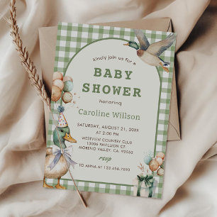 Sage Green Gingham Duck Baby Shower Invitation